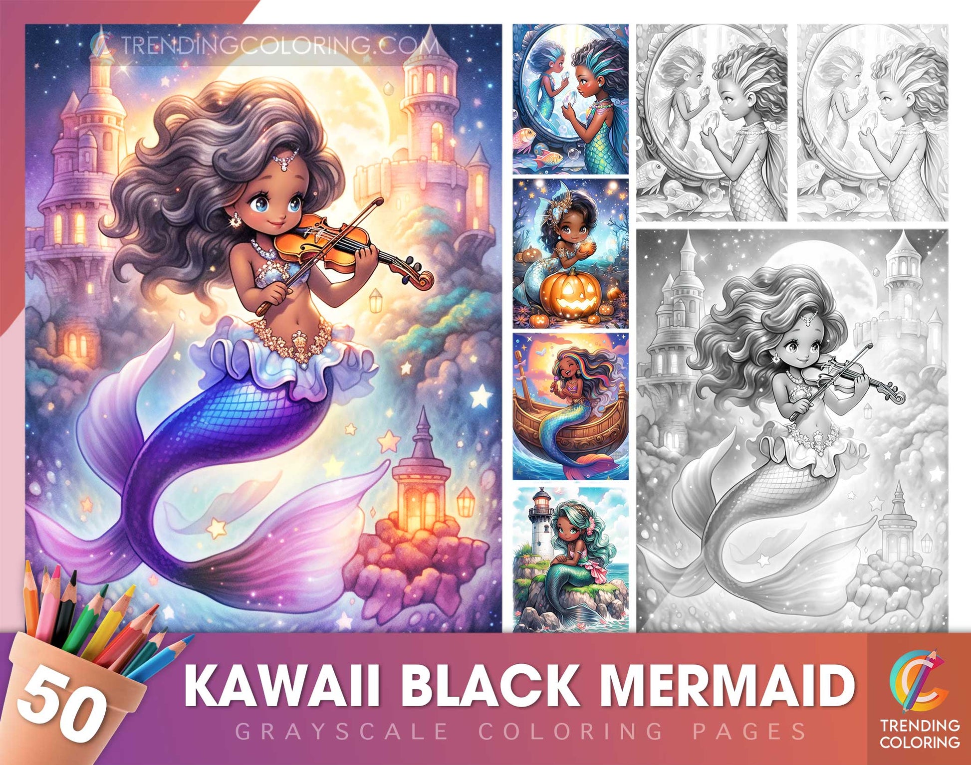 50 Kawaii Black Mermaid Grayscale Coloring Pages - Instant Download - Printable Dark/Light PDF