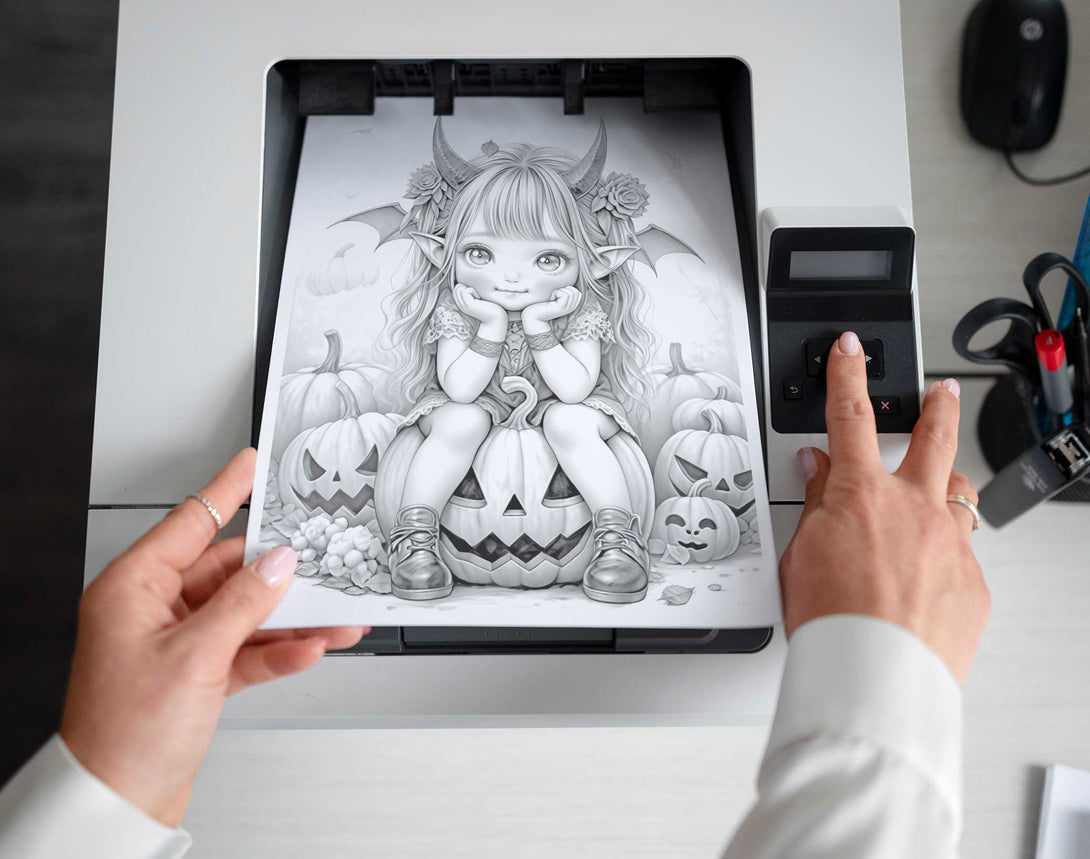 25 Little Devil Girls Grayscale Coloring Pages - Halloween