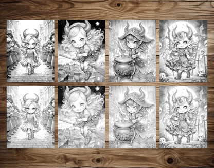 25 Kleine Teufelsmädchen Graustufen Malvorlagen - Halloween Ausmalen - Sofortiger Download - Druckbare PDF Dunkel/Hell