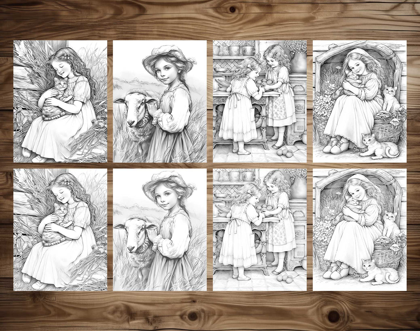 50 Little Prairie Girl Grayscale Coloring Pages - Instant Download - Printable PDF Dark/Light