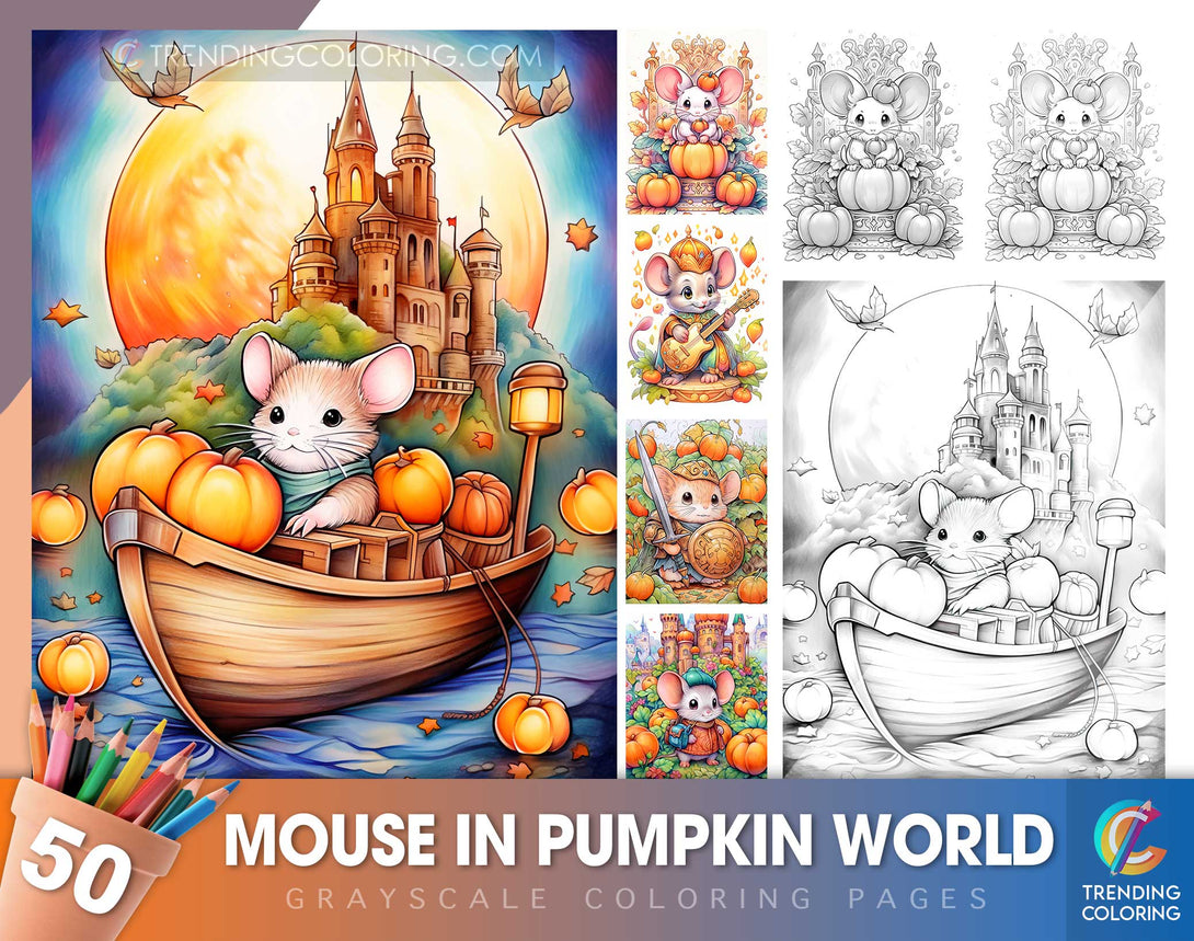 50 Mouse In Pumpkin World Grayscale Coloring Pages - Instant Download - Printable Dark/Light PDF