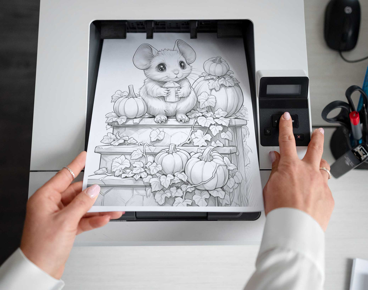 50 Mouse In Pumpkin World Grayscale Coloring Pages - Instant Download - Printable PDF Dark/Light