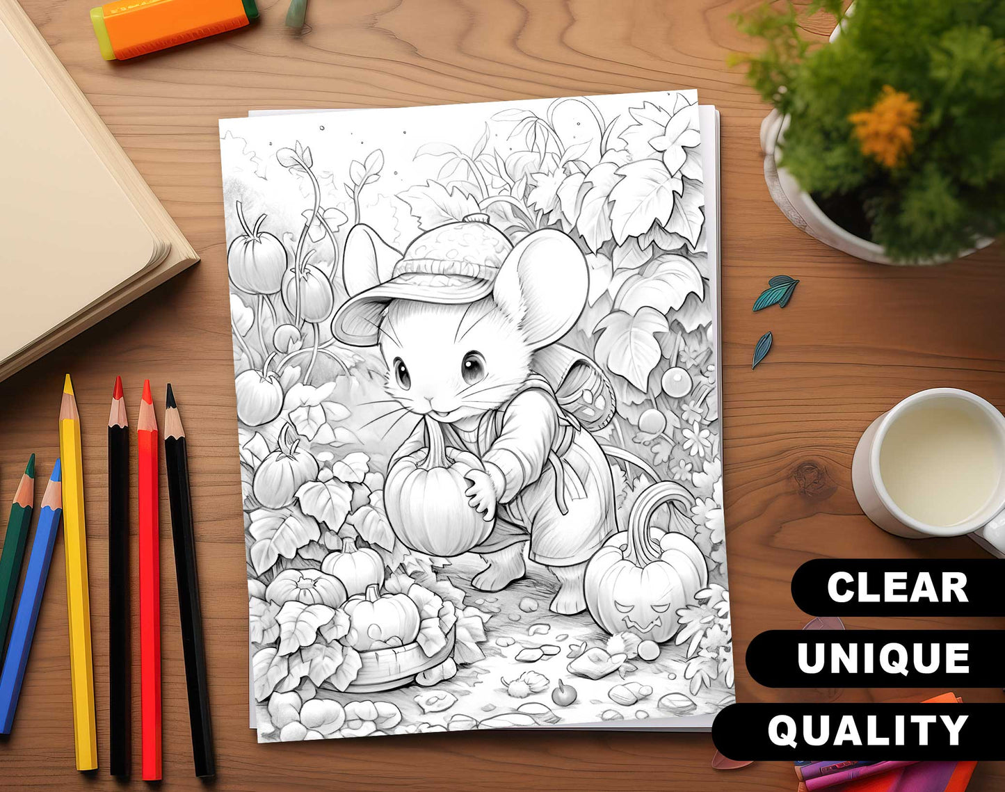 50 Mouse In Pumpkin World Grayscale Coloring Pages - Instant Download - Printable PDF Dark/Light