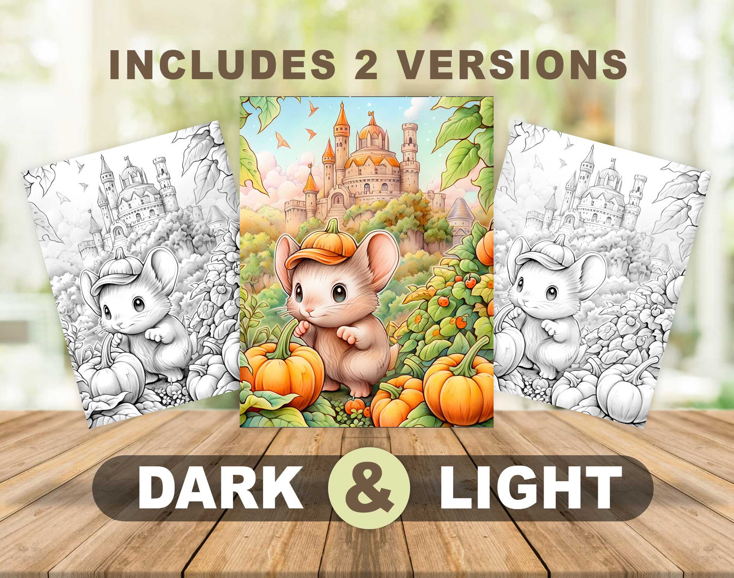 50 Mouse In Pumpkin World Grayscale Coloring Pages - Instant Download - Printable PDF Dark/Light