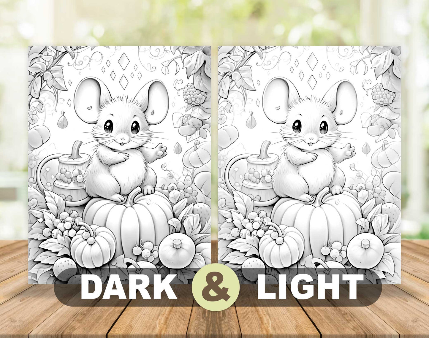 50 Mouse In Pumpkin World Grayscale Coloring Pages - Instant Download - Printable PDF Dark/Light