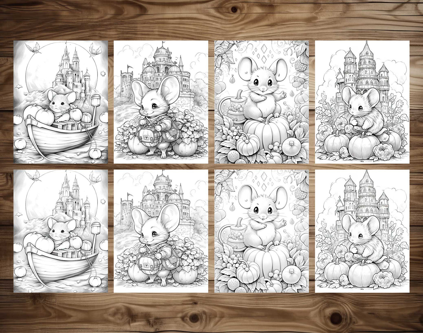 50 Mouse In Pumpkin World Grayscale Coloring Pages - Instant Download - Printable PDF Dark/Light