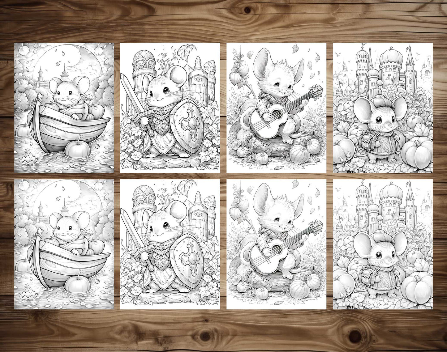 50 Mouse In Pumpkin World Grayscale Coloring Pages - Instant Download - Printable PDF Dark/Light