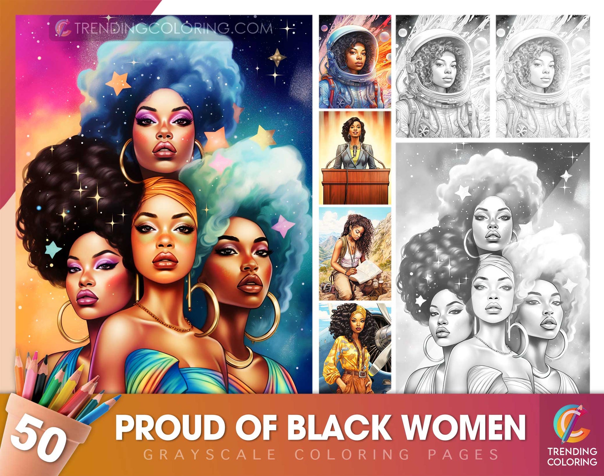 50 Proud Of Black Women Grayscale Coloring Pages - Instant Download - Printable Dark/Light PDF