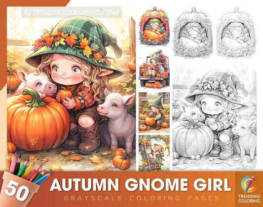 50 Autumn Gnome Girl Grayscale Coloring Pages - Instant Download - Printable Dark/Light