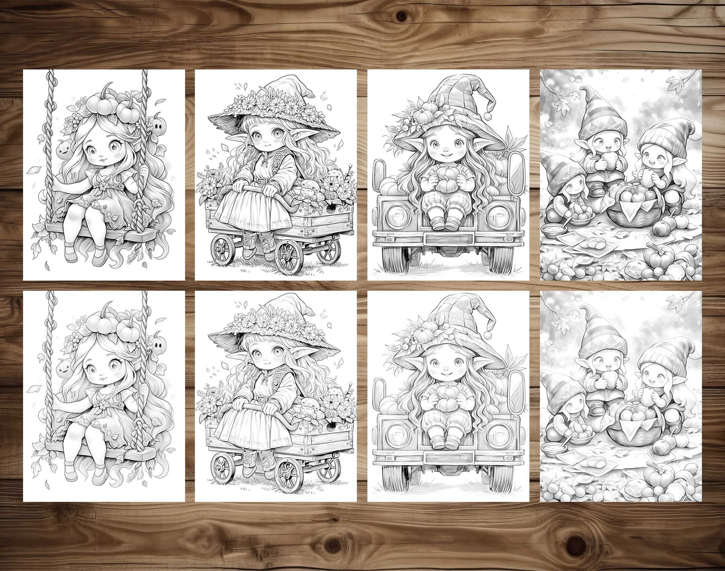 50 Autumn Gnome Girl Grayscale Coloring Pages - Instant Download - Printable PDF Dark/Light