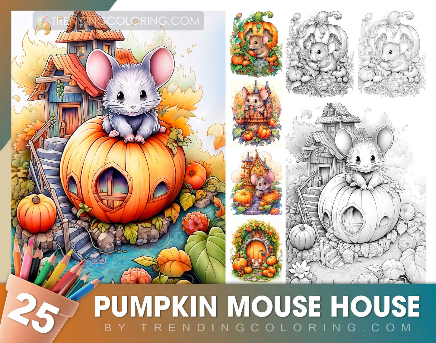 25 Pumpkin Mouse House Grayscale Coloring Pages - Halloween Coloring - Instant Download - Printable PDF Dark/Light