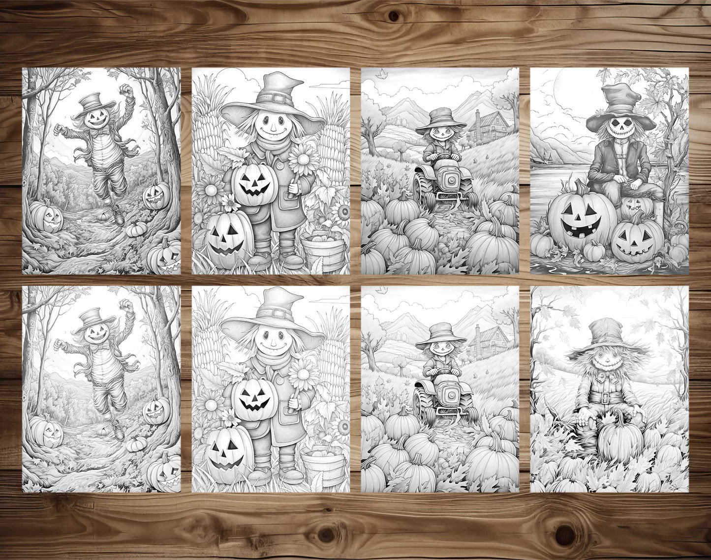 25 Scarecrow’s Adventure Grayscale Coloring Pages  - Instant Download - Printable PDF Dark/Light