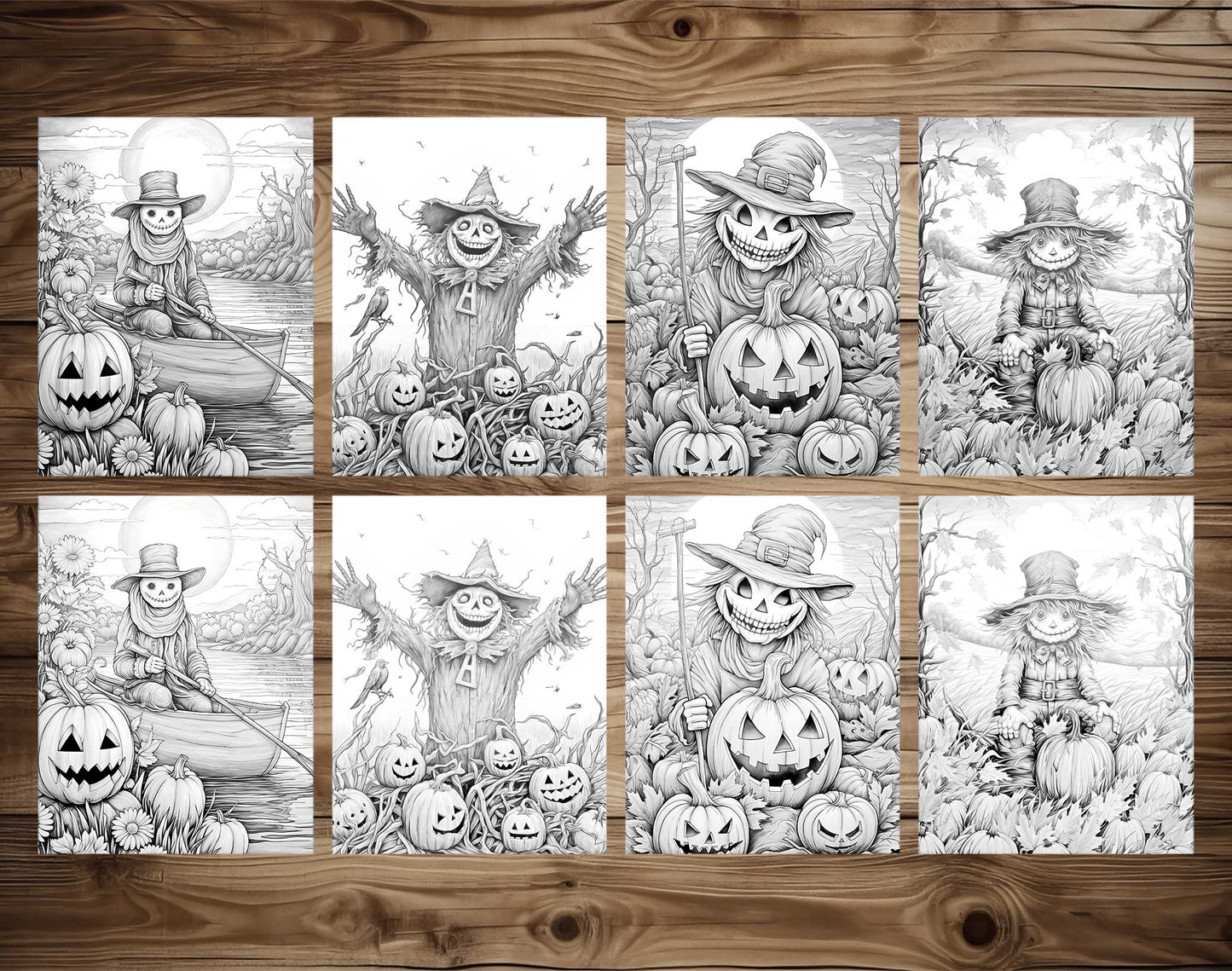 25 Scarecrow’s Adventure Grayscale Coloring Pages  - Instant Download - Printable PDF Dark/Light