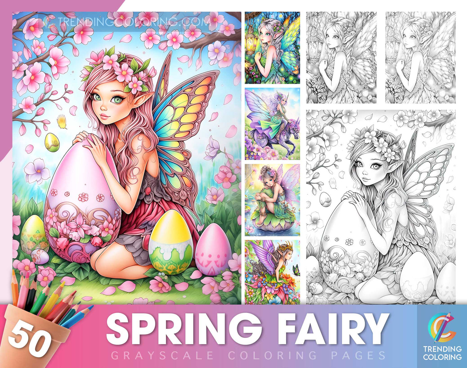 50 Spring Fairy Grayscale Coloring Pages - Instant Download - Printable Dark/Light