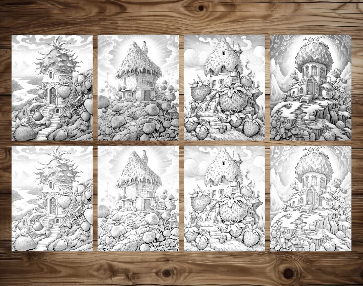 25 Strawberry Fairy Houses Grayscale Coloring Pages - Instant Download - Printable PDF Dark/Light