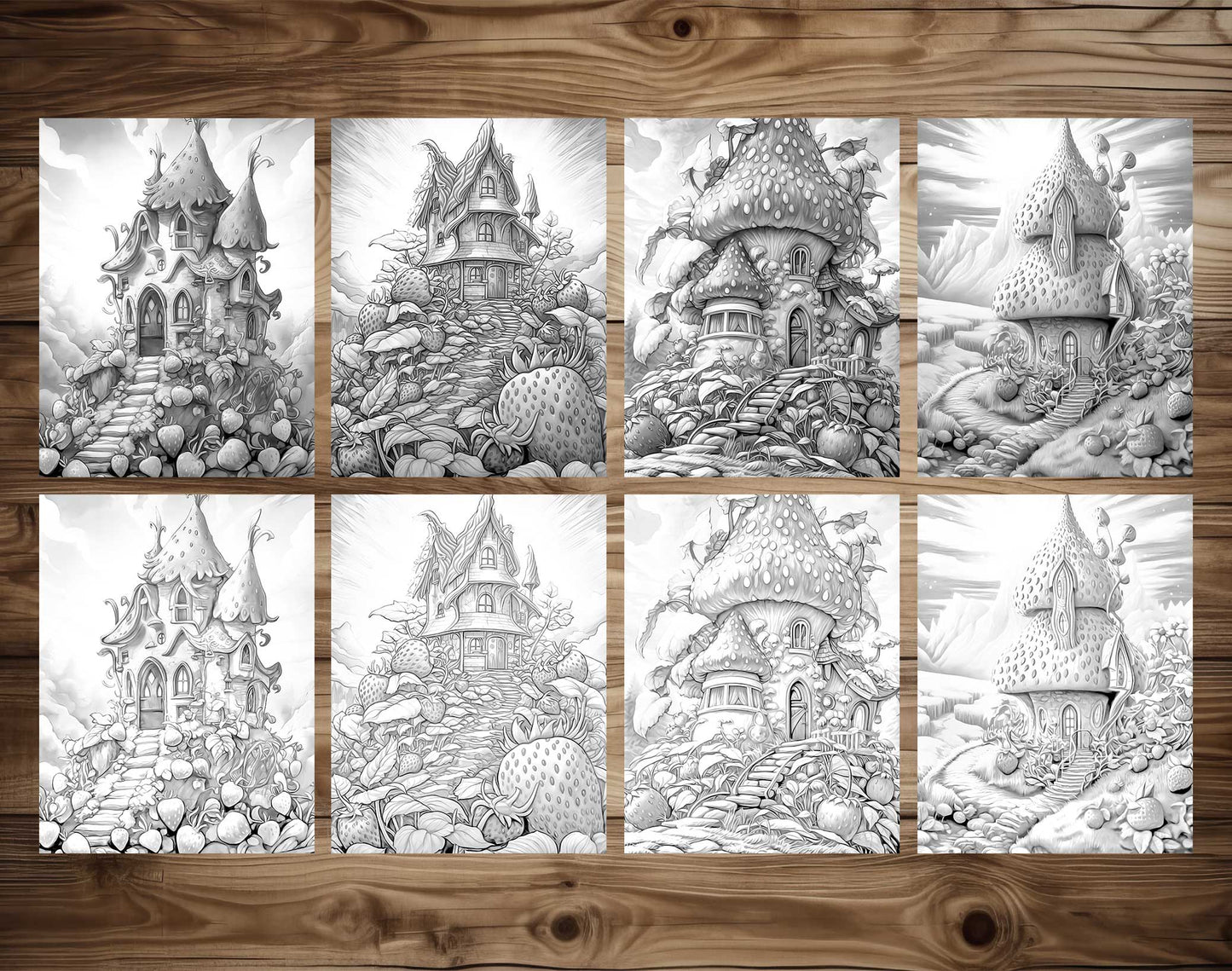 25 Strawberry Fairy Houses Grayscale Coloring Pages - Instant Download - Printable Dark/Light