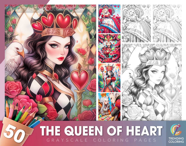 50 The Queen of Heart Grayscale Coloring Pages - Instant Download - Printable Dark/Light PDF