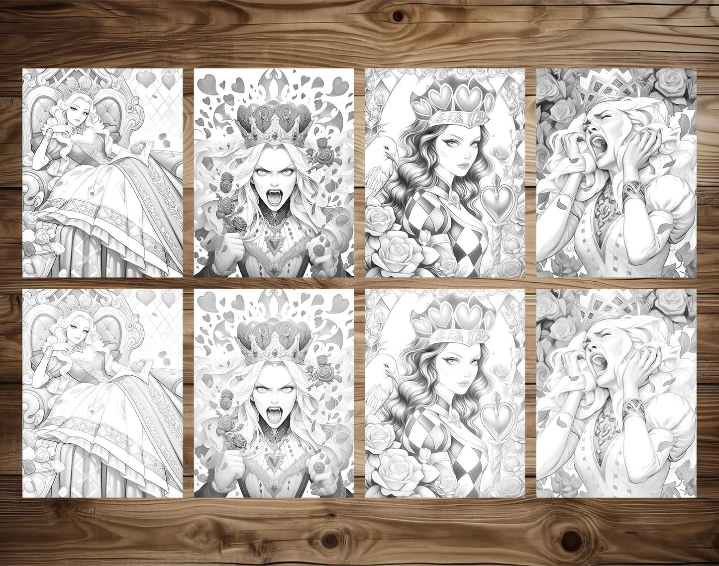 50 The Queen of Heart Grayscale Coloring Pages - Instant Download - Printable PDF Dark/Light