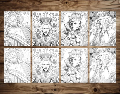 50 The Queen of Heart Grayscale Coloring Pages - Instant Download - Printable PDF Dark/Light