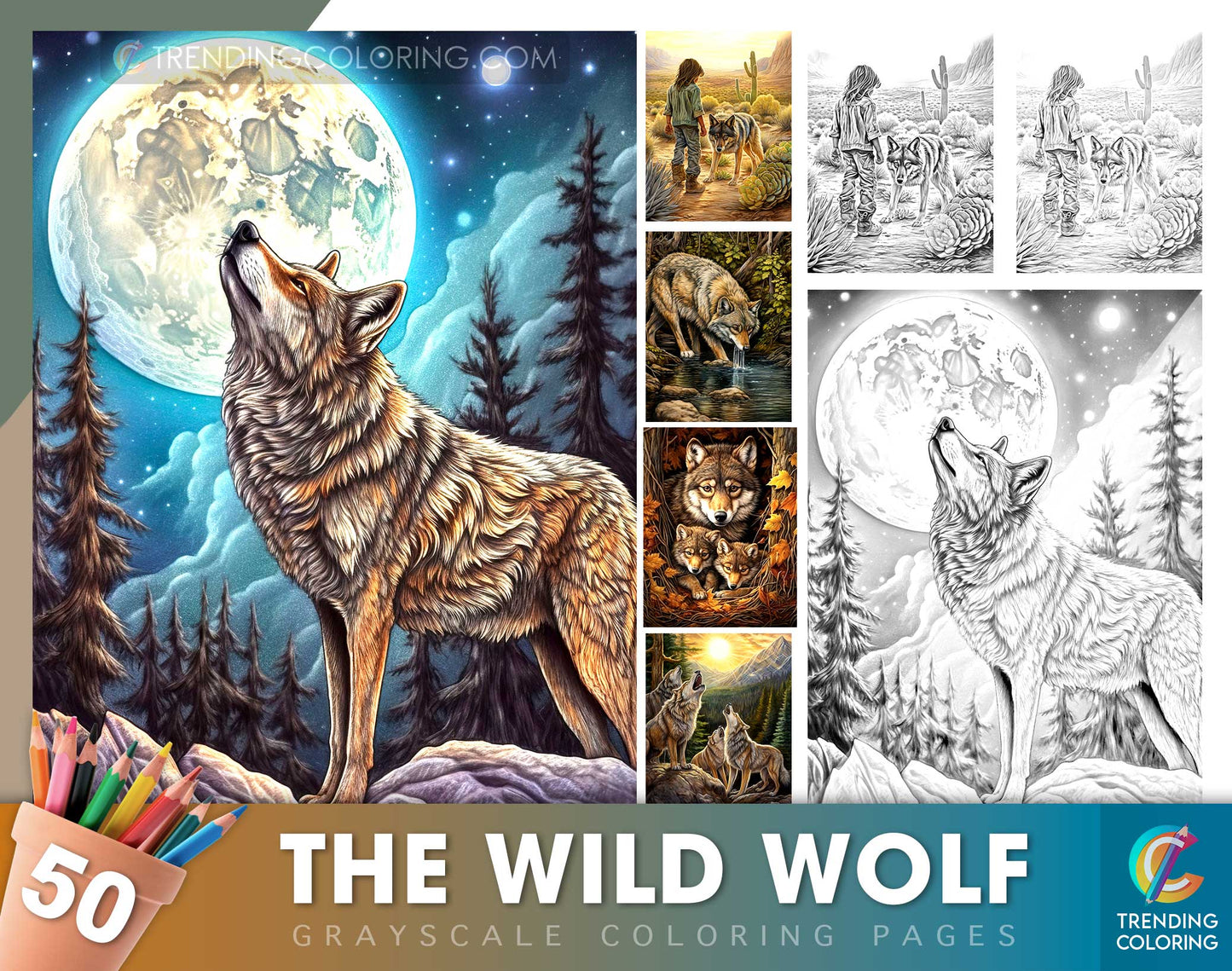 50 The Wild Wolf Grayscale Coloring Pages - Instant Download - Printable Dark/Light