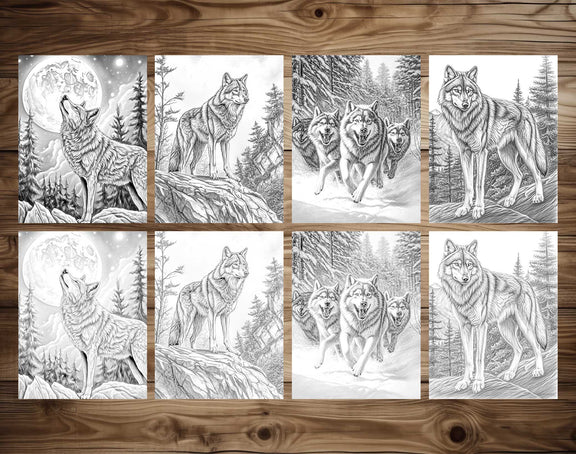 50 The Wild Wolf Grayscale Coloring Pages - Instant Download - Printab ...