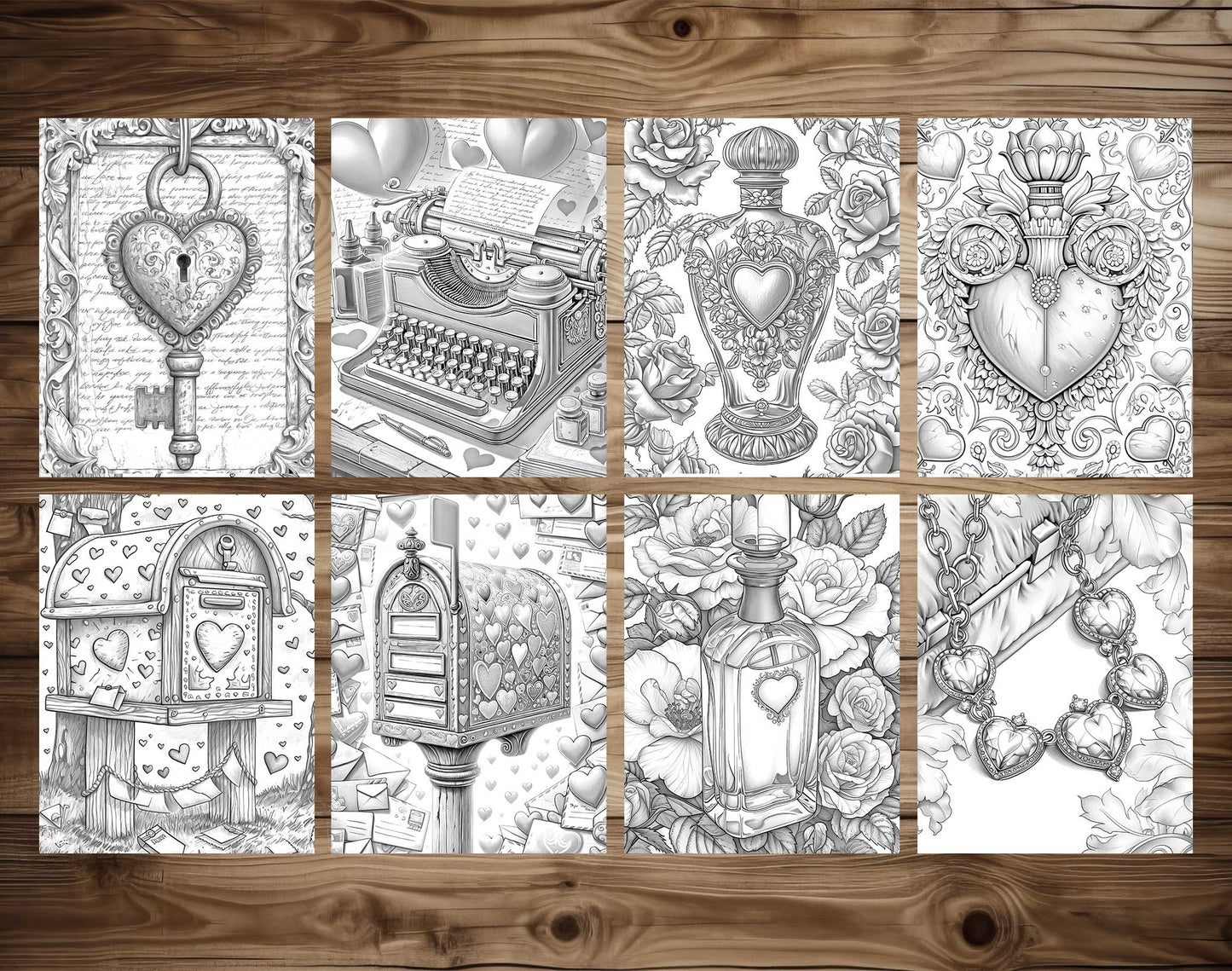 50 Valentine Vintage Object Grayscale Coloring Pages - Instant Download - Printable PDF Dark/Light