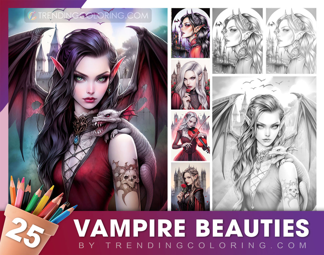 25 Vampire Beauties Grayscale Coloring Pages