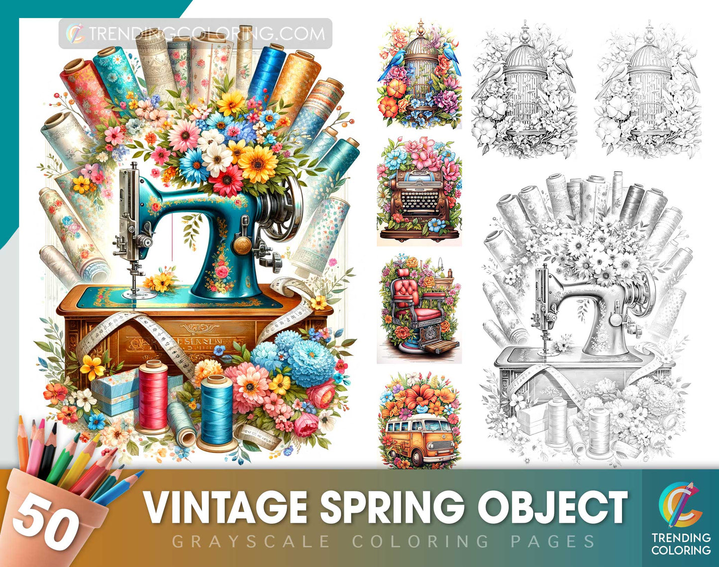 50 Vintage Spring Object Grayscale Coloring Pages - Instant Download - Printable Dark/Light