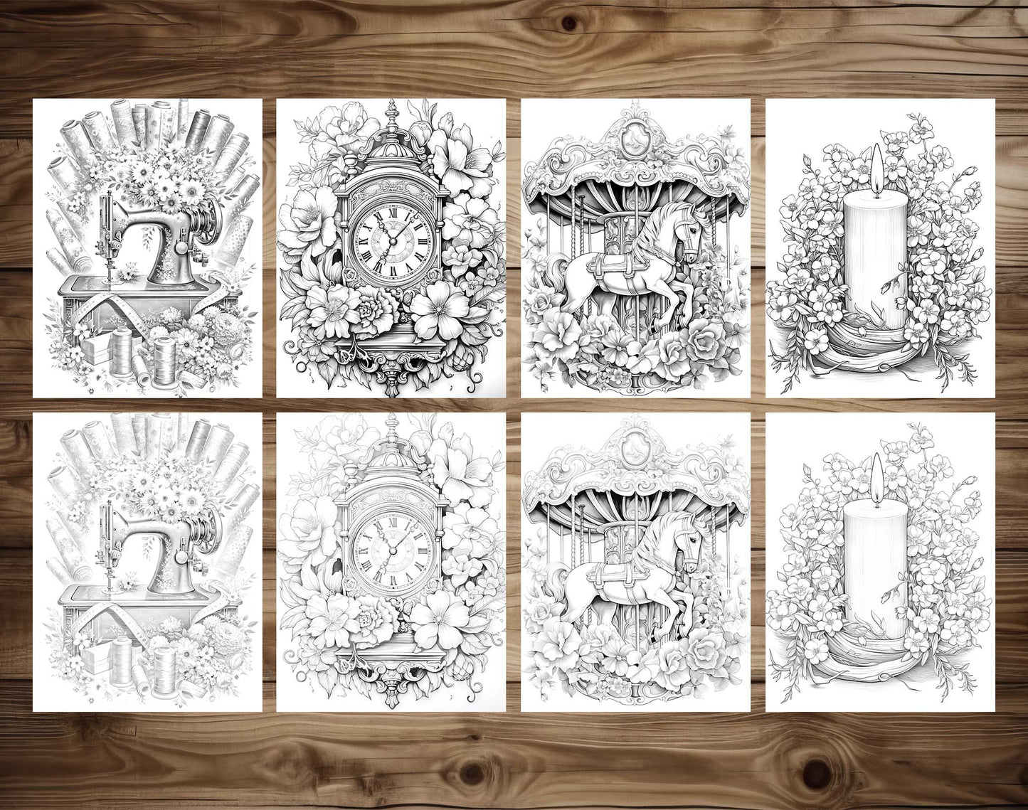 50 Vintage Spring Object Grayscale Coloring Pages - Instant Download - Printable Dark/Light