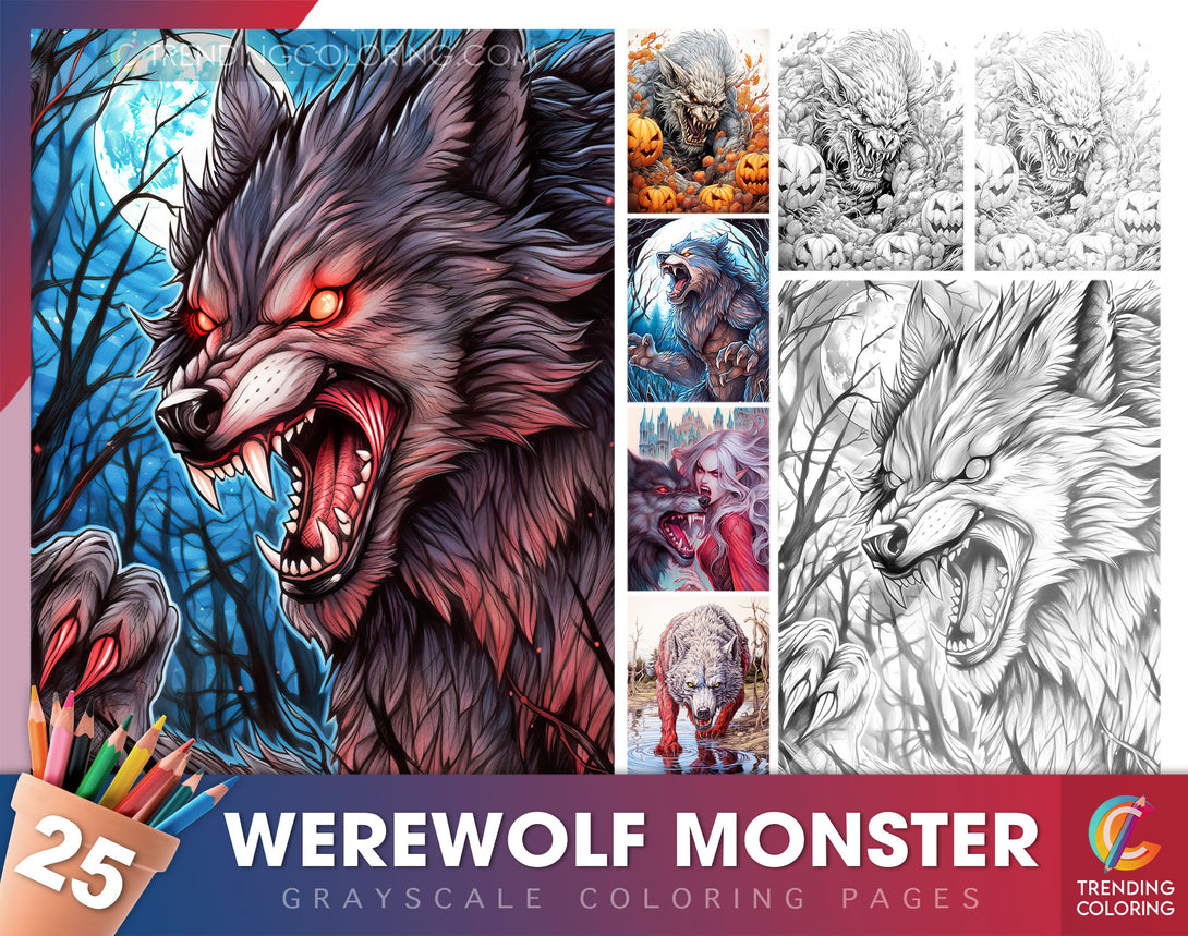 25 Werewolf Monster Grayscale Coloring Pages - Instant Download - Printable Dark/Light PDF