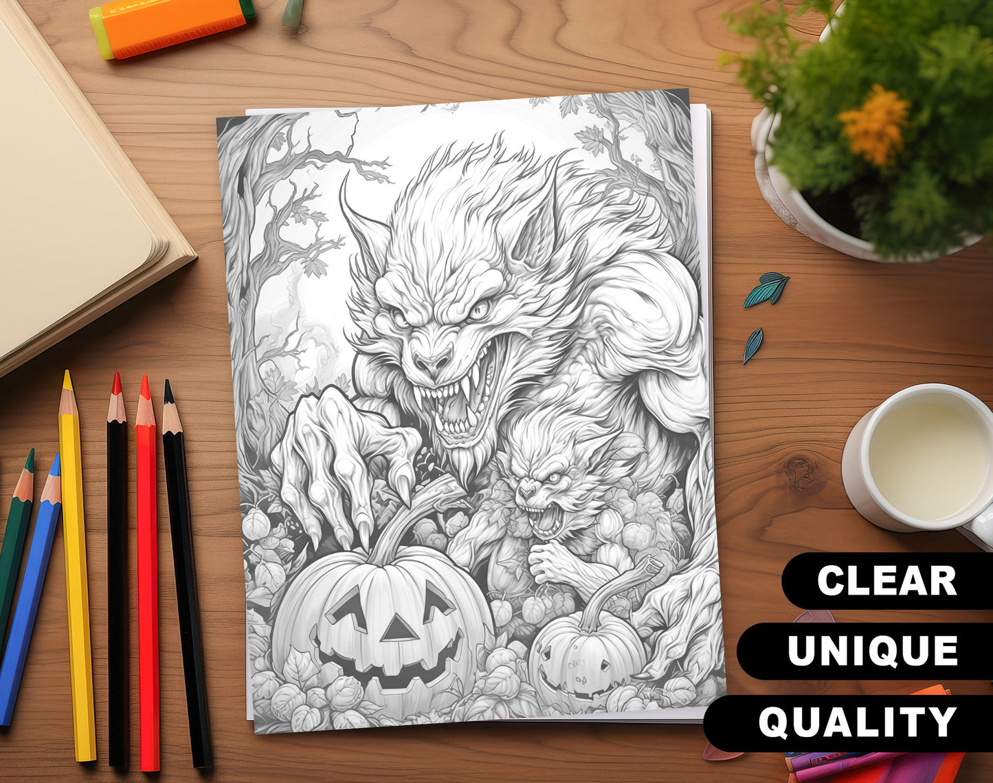 25 Werewolf Monster Grayscale Coloring Pages - Instant Download - Printable PDF Dark/Light