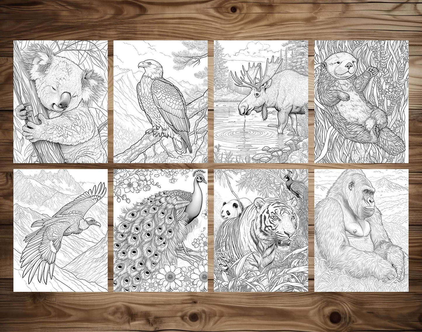50 Wild Animal 2 Grayscale Coloring Pages - Instant Download - Printable Dark/Light