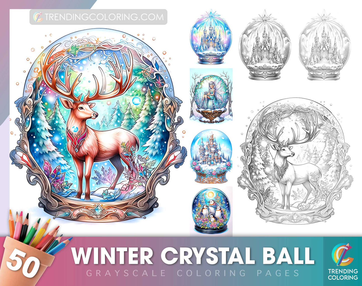 50 Winter Crystal Ball Grayscale Coloring Pages - Instant Download - Printable Dark/Light