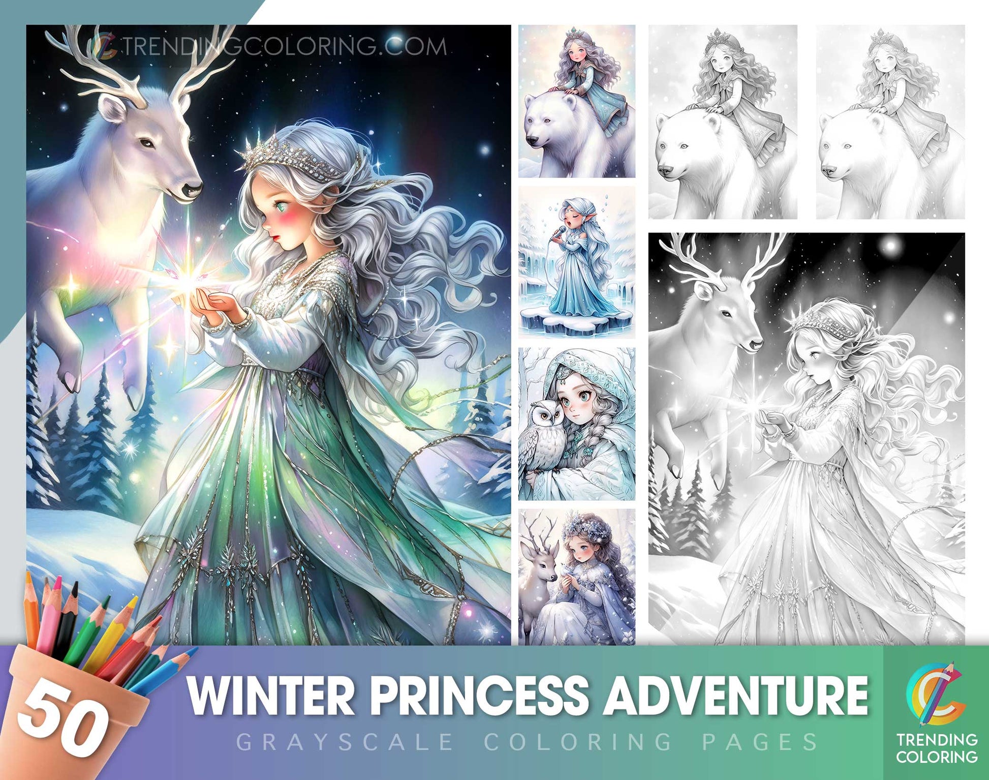 50 Winter Princess Adventure Coloring Pages - Instant Download - Printable Dark/Light