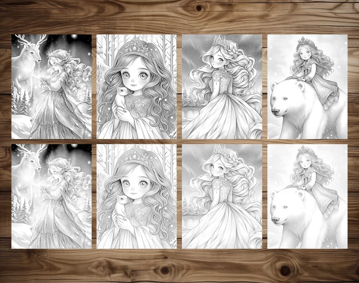 50 Winter Princess Adventure Coloring Pages - Instant Download - Printable PDF Dark/Light