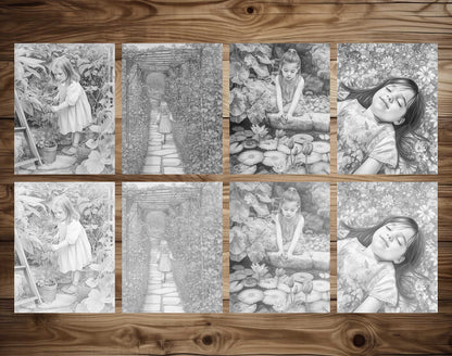 25 Little Girl In Garden Grayscale Coloring Pages - Instant Download - Printable PDF Dark/Light