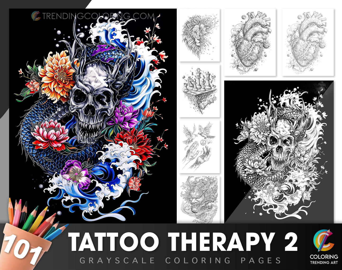 101 Tattoos Therapy 2 Grayscale Coloring Pages - Instant Download - Printable Dark/Light