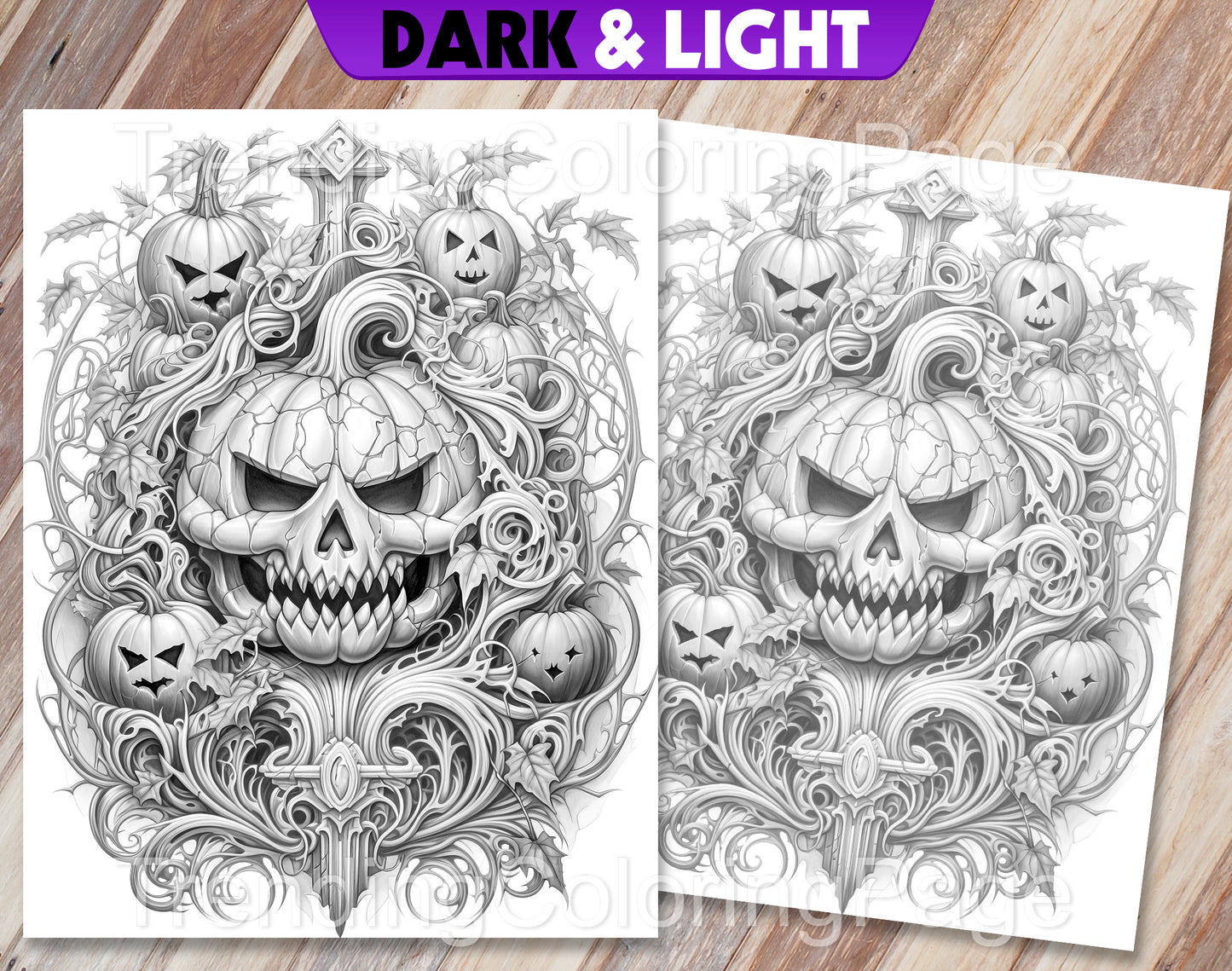 45 Intricate Halloween Grayscale Coloring Pages - Instant Download - Printable PDF Dark/Light