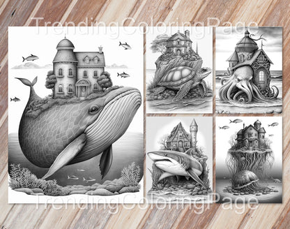 25 Fantasy Ocean Houses Grayscale Coloring Pages - Instant Download - Printable PDF Dark/Light