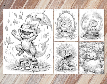 50 niedliche Herbstmonster Graustufen-Ausmalbilder - Halloween Ausmalen - Sofortiger Download - Druckbare PDF Dunkel/Hell