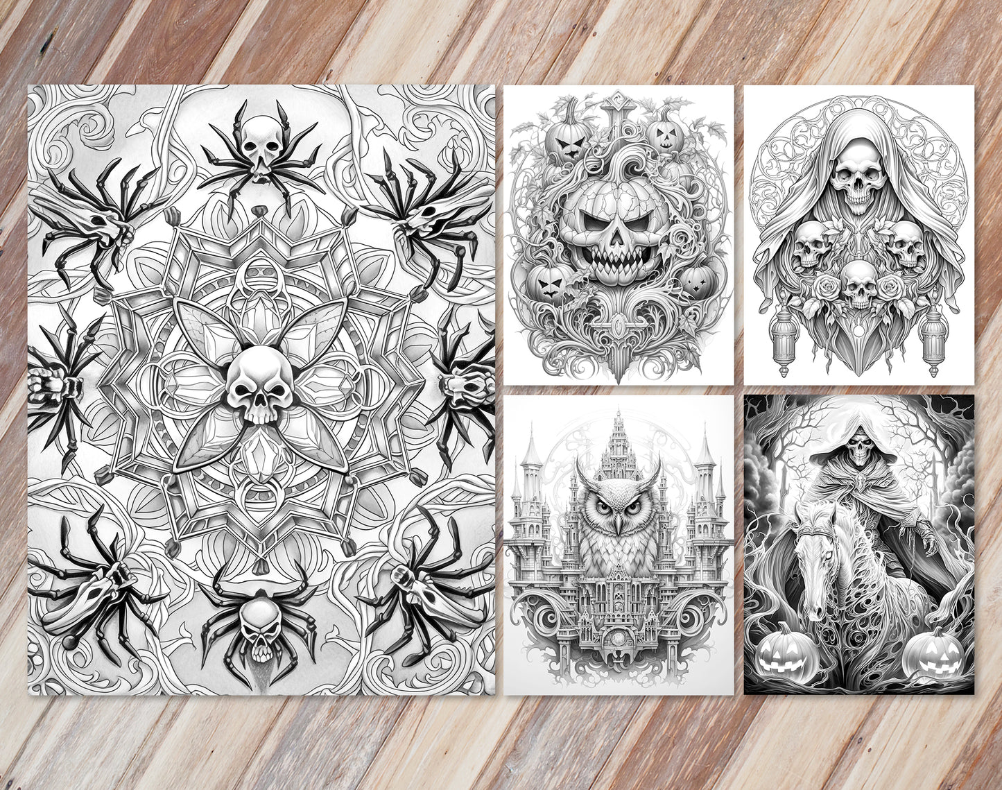 45 Intricate Halloween Grayscale Coloring Pages - Instant Download - Printable PDF Dark/Light