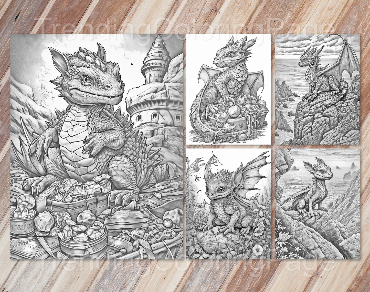 25 Dragonling Dreams Grayscale Coloring Pages - Instant Download - Printable PDF Dark/Light