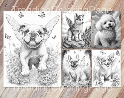 20 Angel Puppies Grayscale Coloring Pages - PDF Download (Dark/Light)