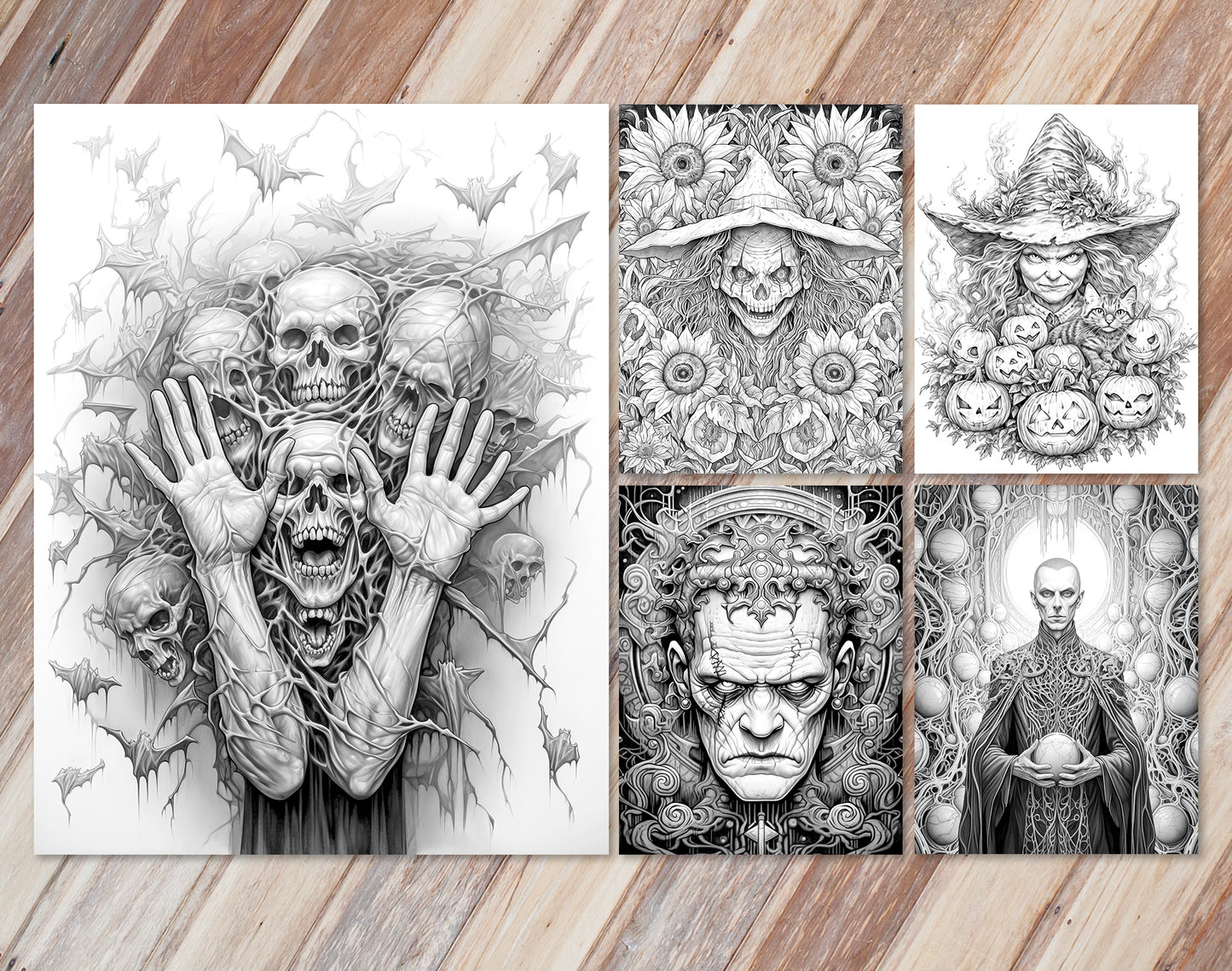 45 Intricate Halloween Grayscale Coloring Pages - Instant Download - Printable PDF Dark/Light