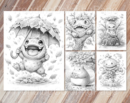 50 niedliche Herbstmonster Graustufen-Ausmalbilder - Halloween Ausmalen - Sofortiger Download - Druckbare PDF Dunkel/Hell
