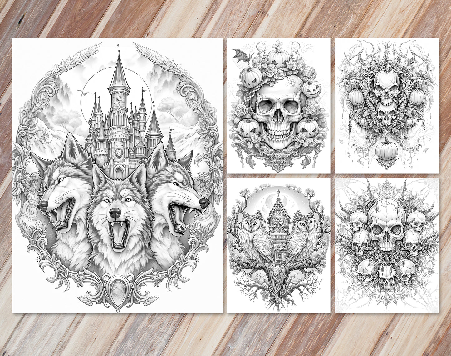 45 Intricate Halloween Grayscale Coloring Pages - Instant Download - Printable PDF Dark/Light