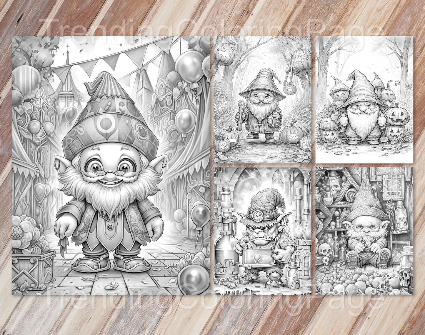 50 Halloween Gnomes Grayscale Coloring Pages - Instant Download - Printable PDF Dark/Light