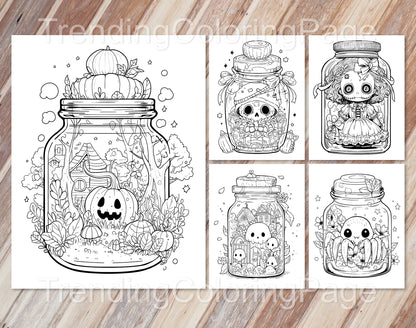 101 Kawaii Halloween in Jar Coloring Pages - Instant Download - Printable