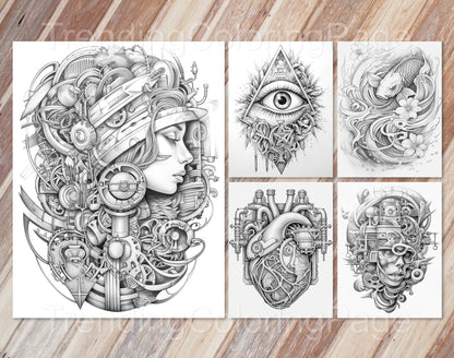 50 Grayscale Tattoo Coloring Pages - Instant Download PDF (Dark/Light)