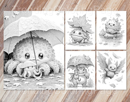 50 niedliche Herbstmonster Graustufen-Ausmalbilder - Halloween Ausmalen - Sofortiger Download - Druckbare PDF Dunkel/Hell